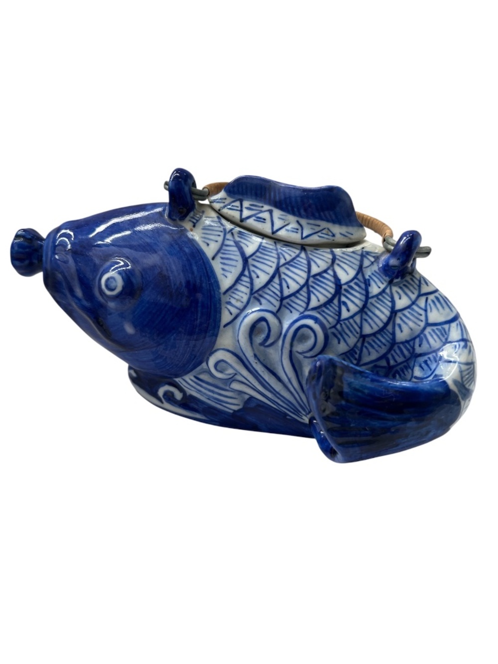 Ceramic Koi Fish Tea Pot With Wicker Handle Asian Blue & White Hand Painted